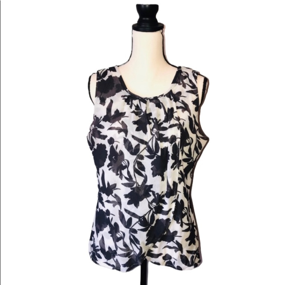 New York and Company Dark Gray White Print Blouse Size XL